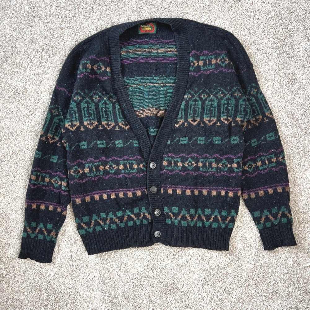 Alps Cardigan Sweater Mens Medium Fair Isle Wool Blend 90s Grandpa USA Black